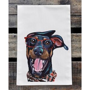 Hippie Hound Studios Christmas Dog Towel “Doberman” Holiday Towel Set 2 NWT
